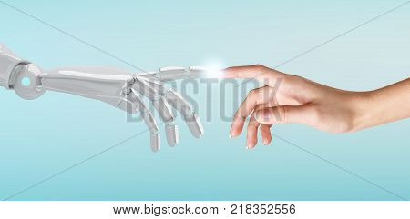 Human hand touching an android hand. Concept of contact human and technology. 3d rendering.