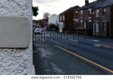 Peering around the edge of the pub to the high street in Standish Wigan