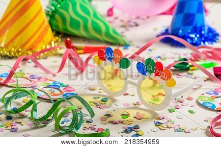 Colorful Party Accessories On Wooden Background, Top Niew, Copy Space