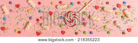 Colorful Party Accessories On Wooden Background, Top Niew, Copy Space