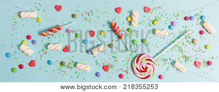 Colorful Party Accessories On Wooden Background, Top Niew, Copy Space