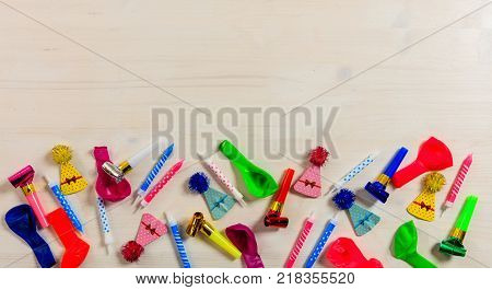 Colorful Party Accessories On Wooden Background, Top Niew, Copy Space