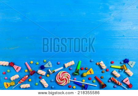 Colorful Party Accessories On Wooden Background, Top Niew, Copy Space