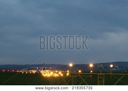 Airplane rides on the runway Balice Krakow