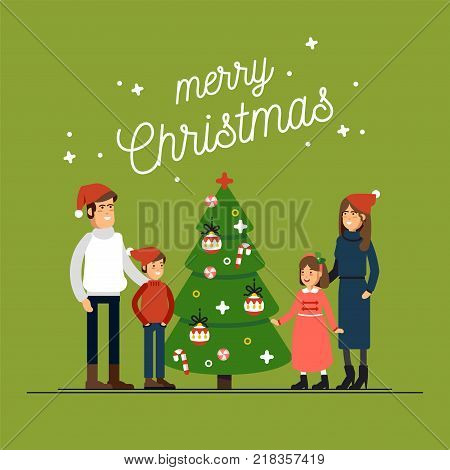 Happy family in Christmas hats have hugging. Parents with children standing together holding each other. Winter celebration