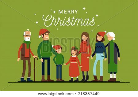 Big happy family in Christmas hats have hugging. Parents with children standing together holding each other. Winter celebration