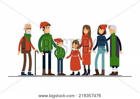 Big happy family in Christmas hats have hugging. Parents with children standing together holding each other. Winter celebration