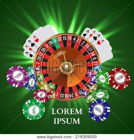 Casino Roulette Playing Cards witn Falling Chips. Vector illustration