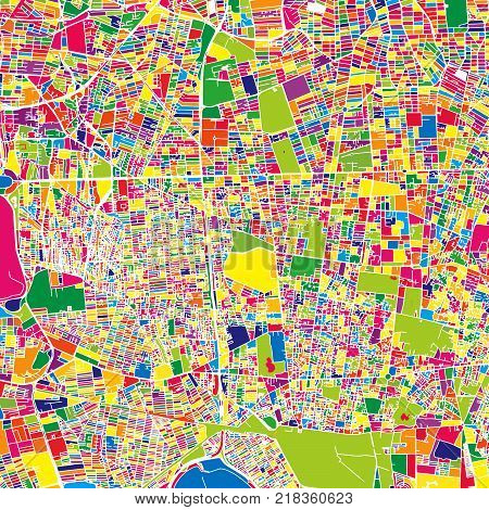 Tehran, Iran, colorful vector map.  White streets, railways and water. Bright colored landmark shapes. Art print pattern.