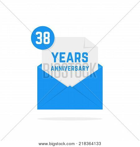 38 years anniversary icon in blue open letter. concept of 38th jubilee of company or human person and send sms with wish and congratulations. flat style graphic art invitation card design on white