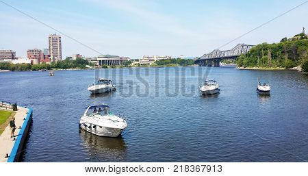 Ottawa Ontario Canada - 21 July 2016: Boats in Rideau Canal and the Ottawa River during a sunny summerday as editorial