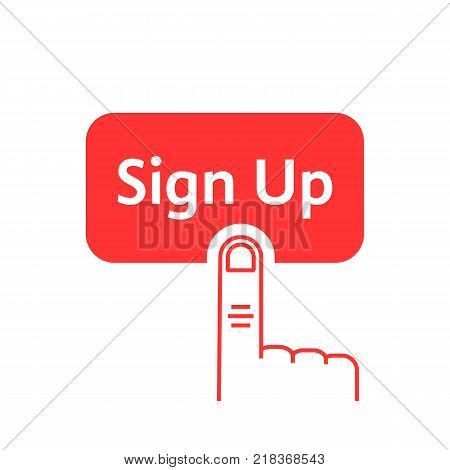 red linear finger presses on sign up button. flat linear style trend modern logo graphic design on white background. concept of click here like ui symbol and new registration on web site