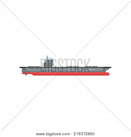 Large cartoon aircraft carrier with military planes on board. Marine vessel. Graphic design element for sticker, mobile or computer game. Vector illustration in flat style isolated on white background