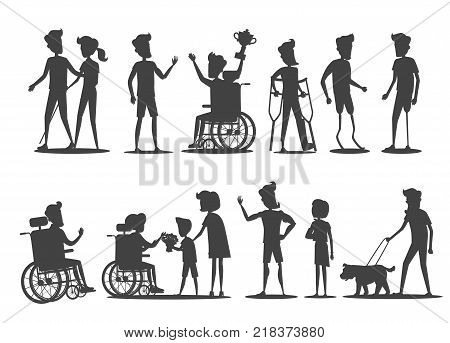 People with disabilities vector illustration. Silhouettes of humans on wheelchairs or on prostheses walking, winning, accepts congratulations