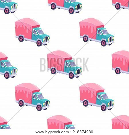 Seamless pattern with colorful sweet truck isolated on white. Cartoon transportation vehicle made of candies in flat style. Vector illustration of pink lorry with blue cabin endless texture