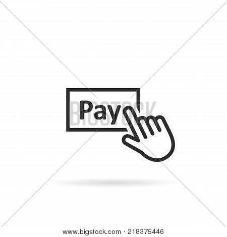 black thin line finger presses on pay button. concept of 24 7 security payment transaction service or linear shopping pictogram. flat style modern logotype graphic art symbol design on white
