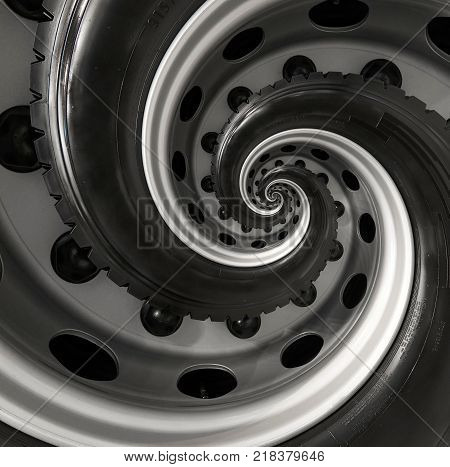 Car truck wheel abstract surreal spiral fractal pattern background. Repetitive automobile automotive background. Car wheel abstract pattern background Truck wheel rim abstract pattern swirl background
