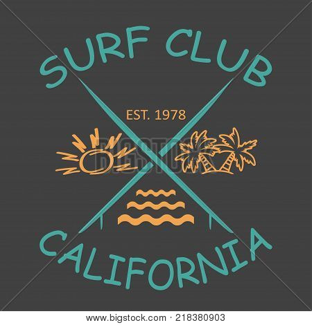 Surfing design California with the image of surfboards, sun, palm trees, waves. Design clothes, t-shirts. Vector illustration.