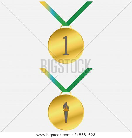 Medal golden with a torch. Medal winner. Vector illustration.