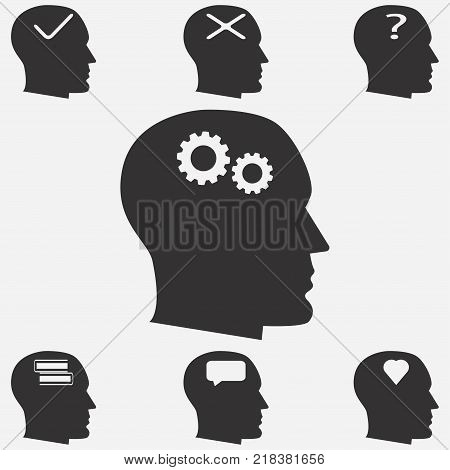 Human head icons. Human thinking icons. Human head with signs of heart, a question mark, the mechanism, the book.
