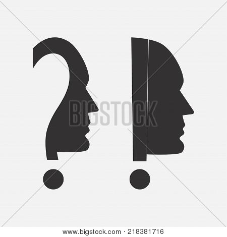 Human head icon with an exclamation and question mark. Vector illustration.