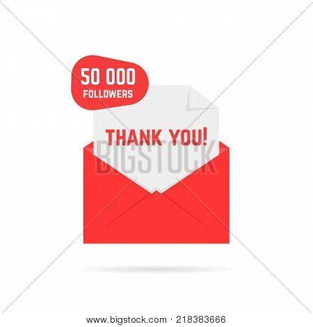 thank you for 50000 followers text in red letter. flat style trend modern logo graphic design isolated on white. concept of user interface element for blog post or message for client