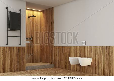 Gray Bathroom, Toilets And Shower Close Up