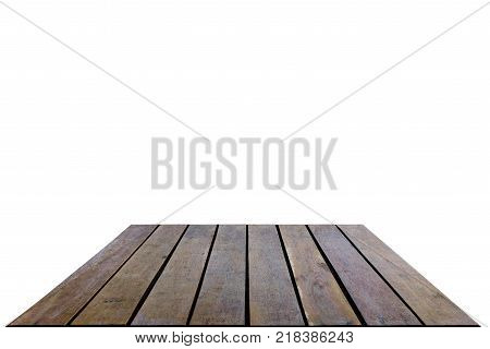 Seletive focus on the middle of wood table for display products isolated on white background. This has clipping path.
