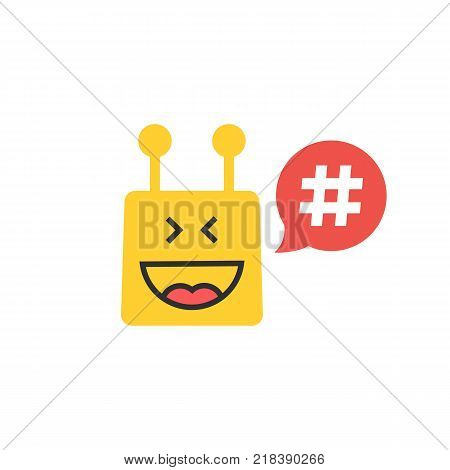 yellow chatbot with hashtag in red speech bubble. concept of promotion and advertising by internet chatterbox or interesting information. flat trend logotype ui design isolated on white background