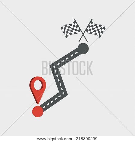 Road and location icon. Path with mapping pin, navigation. Finish flag. Vector illustration.