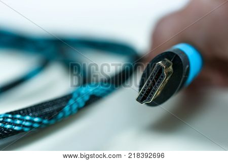 Blue Hdmi cable macro shot on white background