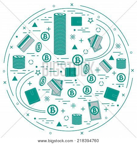 Vector illustration of different money, investment and financial icons arranged in a circle. Including icons of purse, money bill, credit card, bitcoin, pile of bitcoins on white background.