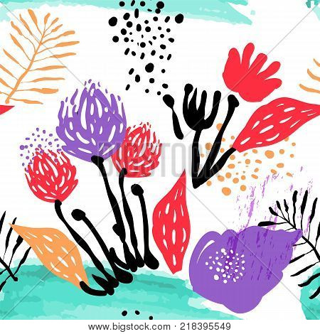 Vector stylized seamless pattern background hand-drawn illustration. Simple shape bright pattern. Naive splash art style.