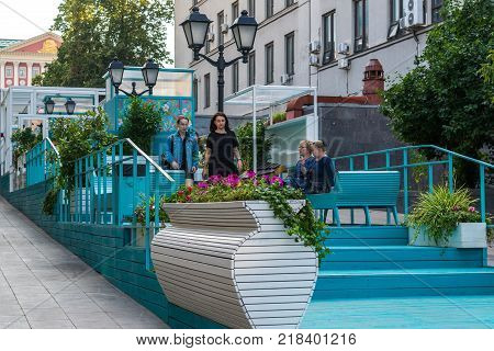 Moscow, Russia - July 25. 2017. Stoleshnikov lane is a pedestrian street in the historical center of the city