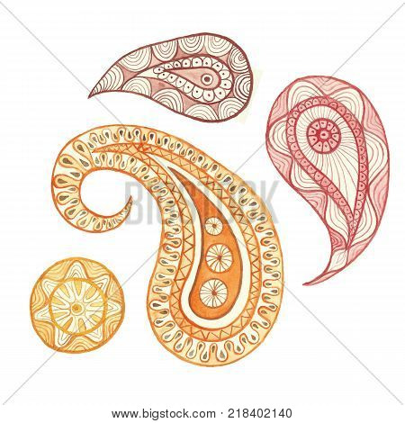 Watercolor painting Indian ornament Turkish cucumber, Persian cucumber, oriental cucumber, Tear of Allah, Paisley, floral ornament, cucumber, in warm colors, set, on white background
