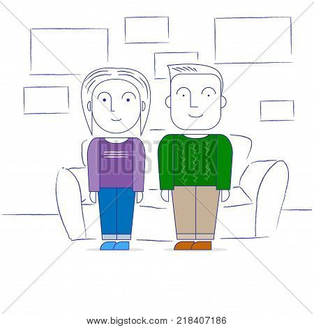 Man and woman at home. Vector illustration.