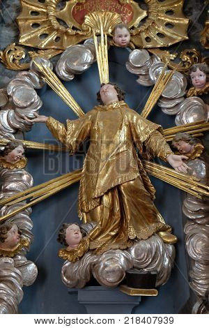 BELEC, CROATIA - JULY 09: Saint Stephen Protomartyr statue on altar in the Baroque Church of Our Lady of the Snow in Belec, Croatia on July 09, 2016.