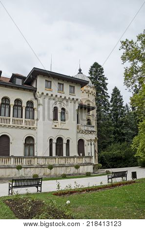 Fragment of restored Vrana Palace  in National monument of landscape architecture Park museum Vrana in former time royal palace on the outskirts of Sofia, Bulgaria, Europe