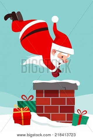 Vector cartoon character illustration of Santa Claus on roof in mid air diving into chimney with boxed gifts lying around in snow. Funny humorous Christmas holiday design element in flat style.