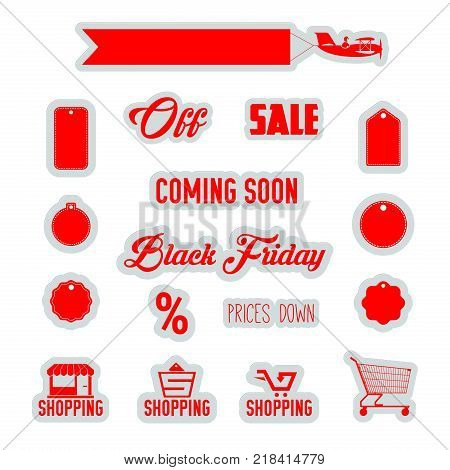 Red Vector Discount Tags, Shopping Icons, Supermarket Trolley, Airplane Banner Isolated on White Background. Black Friday Sale Emblems.