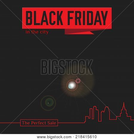 Black Friday in the City: the Perfect Sale. Red Ribbon Banner in Flat Style on a Black Background with an Abstract City Skyline. Vector Illustration.
