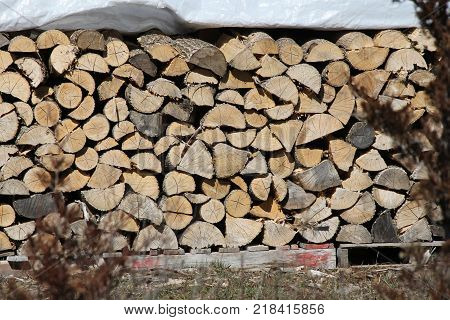 Cut, split and stacked wood and covered to keep it dry, ready for sale for firewood