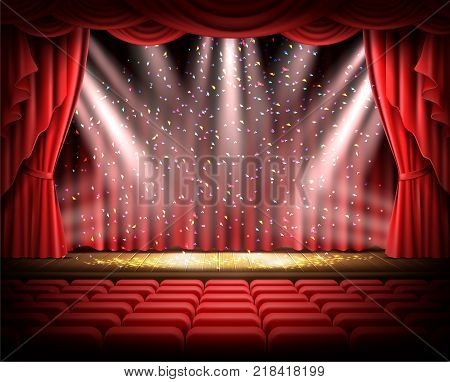 Open red curtain and empty illuminated theatrical stage with falling sparks, confetti realistic vector. Grand opening concept, performance or event premiere poster, announcement banner template
