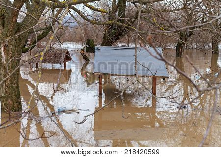 The river after the downpours came out of the banks. Flooding of river bank, trees after flood