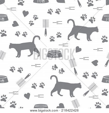 Nice pattern of silhouette walking cat, traces, hearts, bowl and comb need for cat hair. Design for banner, flyer, poster or print.