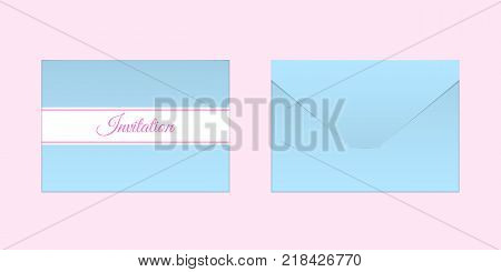 Decorative Blue Envelope. Vector Mock up of Envelop with Inscription Invitation Backside View and Frontside View
