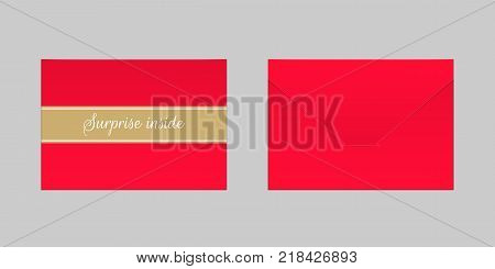 Decorative Red Envelope. Vector Mock up of Envelop with Inscription Surprise Inside Backside View and Frontside View