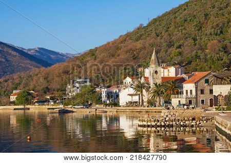 View of Mediterranean village on a sunny winter day. Donja Lastva, Tivat, Montenegro
