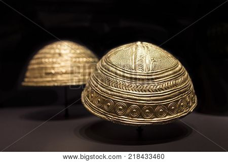 Madrid Spain - November 10th 2017: Axtroki Golden bowls dated at Late Bronze Age. National Archaeological Museum Madrid