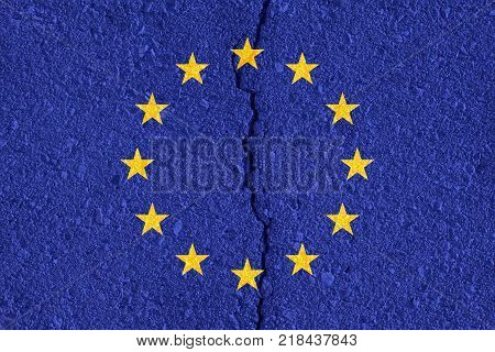 European Union Flag On Cracked Wall Texture Background.